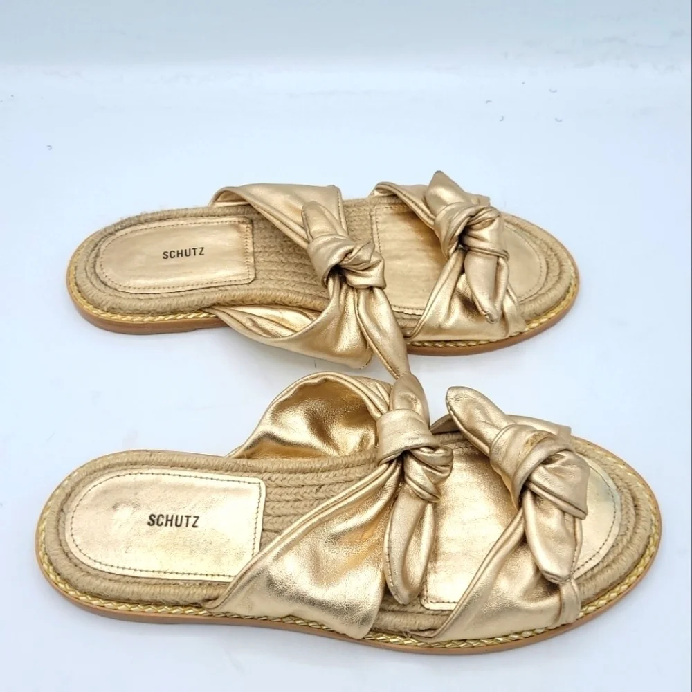 SCHUTZ Metallic Espadrille Slide Sandals Soft Gold Size 37.